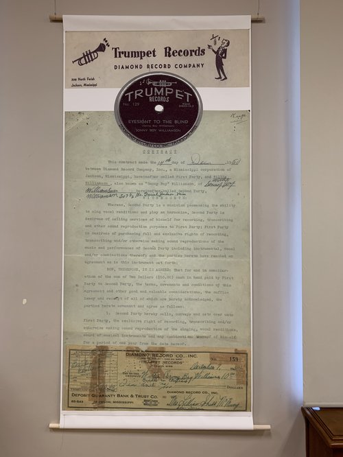 First page of contract with Trumpet Records, 12/14/1950, with receipt for cash payment of $10.00 binder.