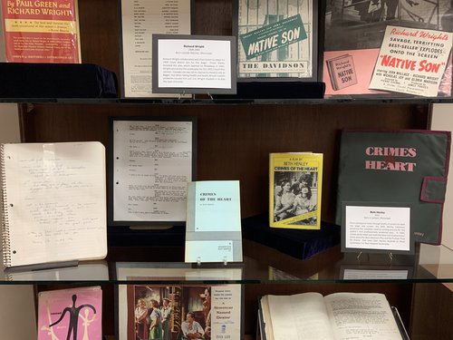 display case containing materials related to Crimes of the Heart by Beth Henley
