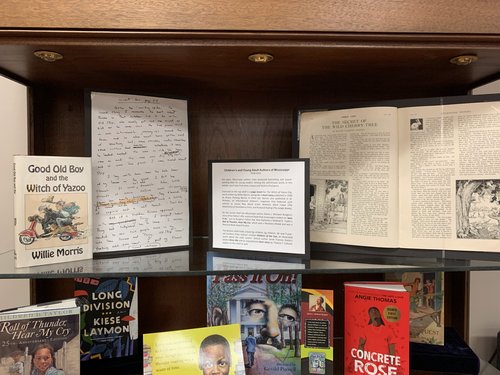 display case containing publications by Willie Morris and Roane Fleming Byrnes