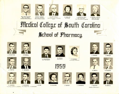 Composite photograph of students in the Medical College of South Carolina, College of Pharmacy, class of 1958-1959. College administrators are pictured at the top of the composite and the students are pictured in rows within the bottom half of the composite.  The class officers are pictured in the center of the student section.