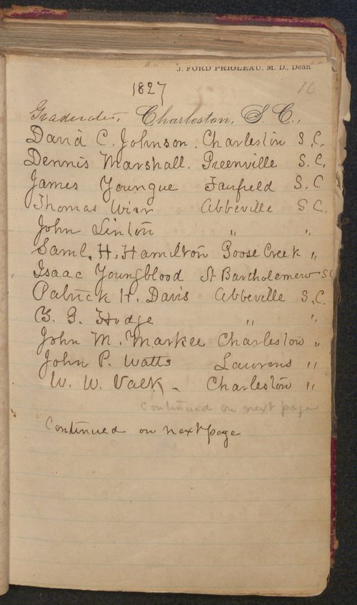 Handwritten list of graduates from 1827.