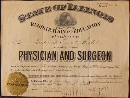 State of Illinois physician and surgeon license. 	 Certificate number 19163 issued to Frederick Evert Kredel by the State of Illinois.