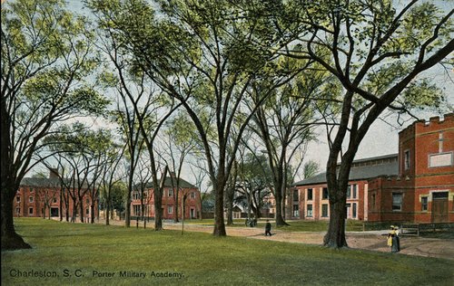 Illustration of a series of brick buildings along a treelined path.