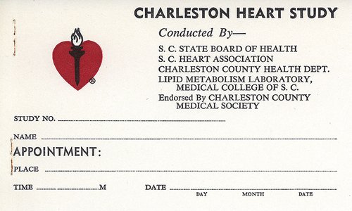 Form for a patient who participated in the Charleston Heart Study. Logo in upper left corner is a red heart with a black and white torch overlaid on it. The form is blank but has sections for Study No., Name, Place, Time, and Date to be filled out.