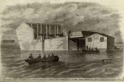 Black and white print illustration of a wooden floating structure that served as a hospital.