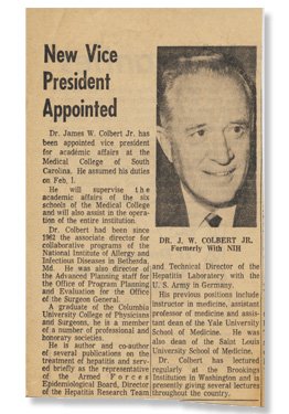 Corner of a page of a newsaper with a black and white portrait of Dr. Colbert, Jr. The article title is "New Vice President Appointed."