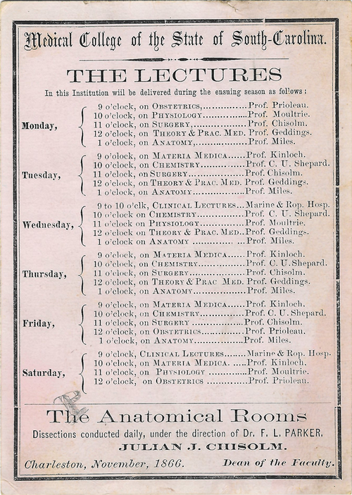 Lectures schedule for the Medical College of the State of South Carolina from November 1966.