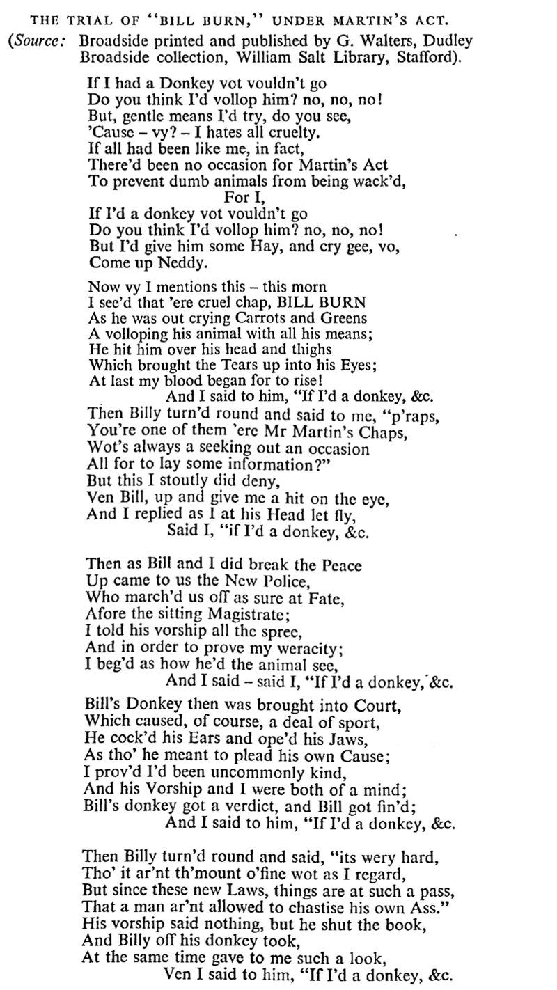 Lyrics of “The Trial of “Bill Burn” Under Martin’s Act” as reprinted in The Urban and Industrial Songs of the Black Country and Birmingham: