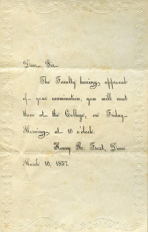 Handwritten letter written by Henry Frost on March 10, 1857.