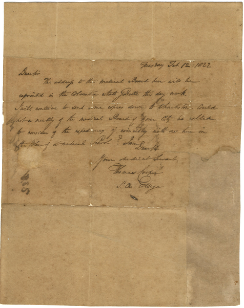 Handwritten letter written by Thomas Cooper dated February 12, 1822.