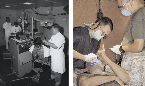 Left: Army Dental Corps members from Walter Reed Hospital staff the MUST (Medical Unit Self-contained Transportable) for use in Vietnam; Right: Mangum and Serrano work on marine at mobile dental clinic