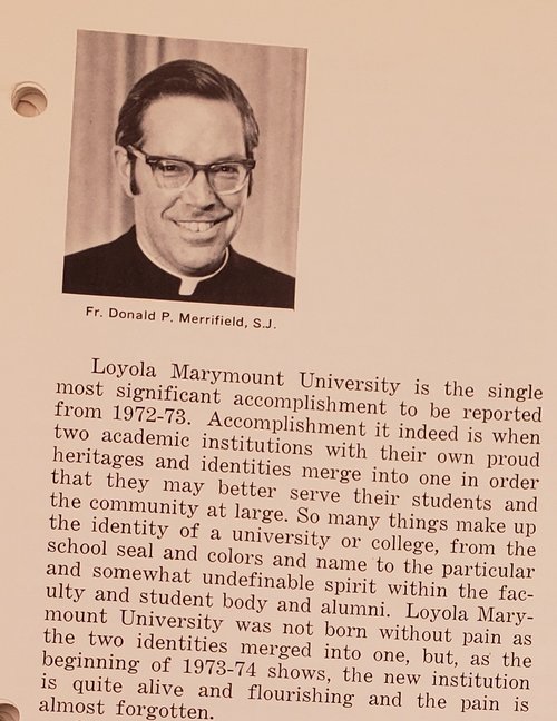 Merrifield Letter to LMU. Introduction section of university magazine for the 1972-1973 school year.