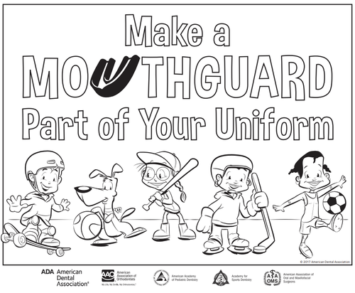 Coloring sheet of four kids and a dog with sports equipment text is "Make a mouthguard part of your uniform"