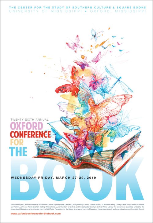 Poster for Oxford Conference for the Book 2019: butterflies fly out of an open book