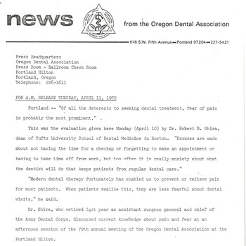 News Releases - "Of all the deterrents to seeking dental treatment, fear of pain is probably the most prominent." (1972)