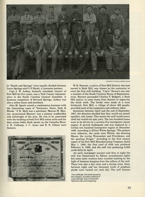 Fort Mill Manufacturing Company Certificate fourth issued with Leroy Springs name and cotton boil engraving