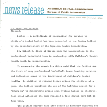 News release: Boston Celtics receive certificate for service to children's dental health (1975)