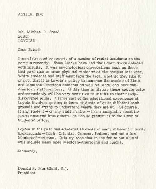 President Merrifield Letter to Loyolan Editor, April 16, 1970
