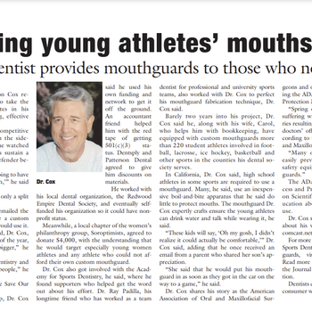 ADA News - California dentist provides mouthguards to those who need them (2017)