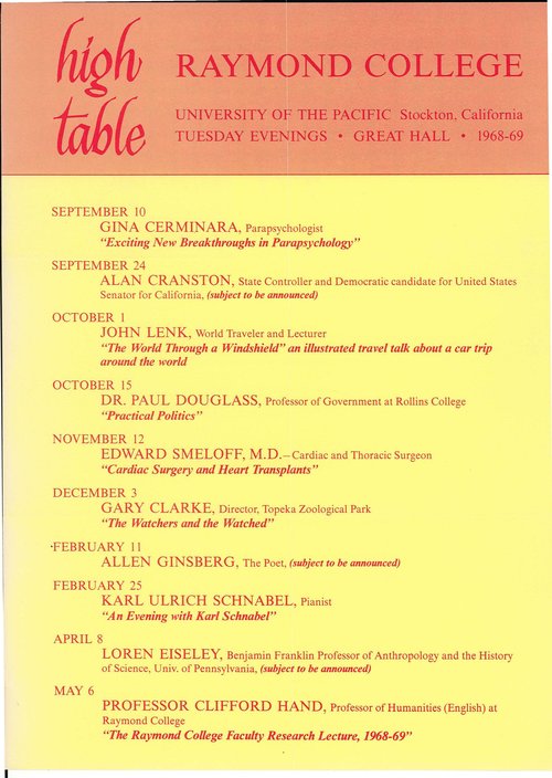 Raymond High Table Schedule 1968-69