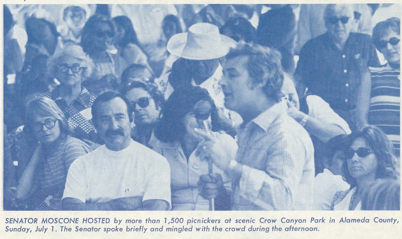 Photo of George Moscone campaigning at Alameda picnic. Caption beneath reads: "Senator Moscone hosted by more than 1,500 picnickers at scenic Crow Canyon Park in Alameda County, Sunday, July 1. The Senator spoke briefly and mingled with the crowd during the afternoon."