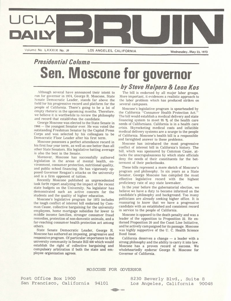 Senator Moscone for Governor