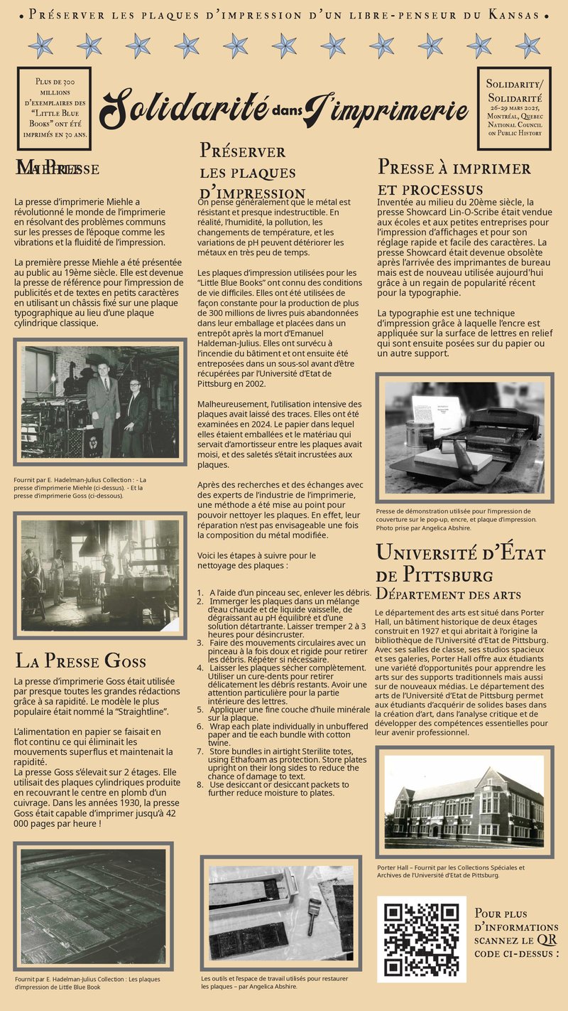 Solidarity in Print Poster -Documents the plate cleaning, printing process, and blurb about Pittsburg State University's Department of Art translated into French for Pop- up goers.