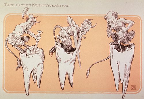 Antique-looking illustration of satyrs destroying three teeth