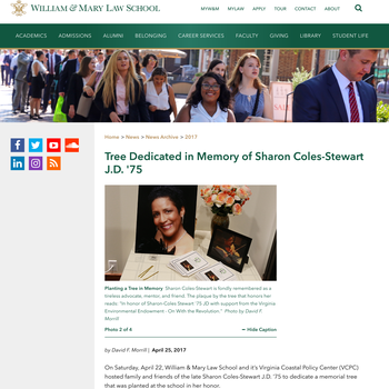 "Tree Dedicated in Memory of Sharon Coles-Stewart, J.D. '75"
