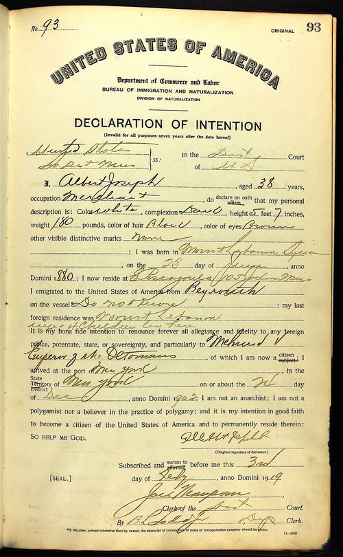 Albert Joseph Naturalization Papers