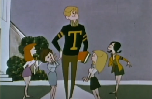 Still of boy surrounded by girls from the animated video "Protect your all-American smile"