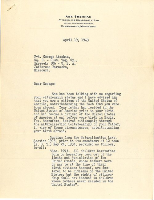 letter from Abe Sherman advising George Abraham of his citizen status