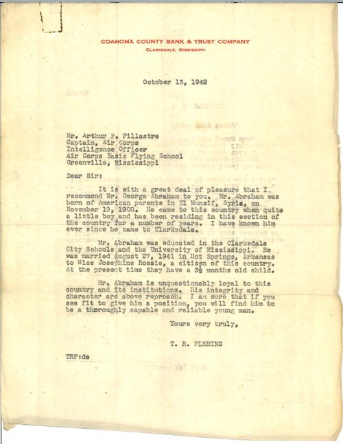 A letter of recommendation from T. R. Fleming, assistant cashier at Coahoma County Bank & Trust in Clarksdale, to Capt. Arthur Fillastre of the Air Corps Basic Flying School in Greenville.