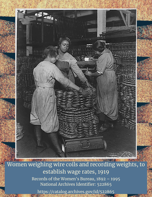 Women weighing wire coils and recording weights to establish wage rates, 1919