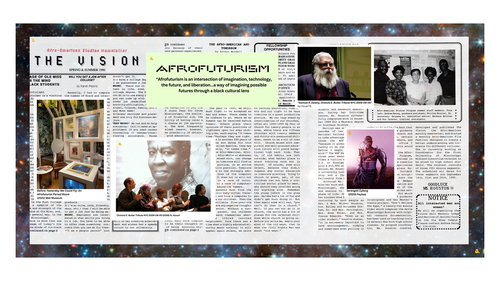 Background image for display case superimposed photos of examples of Afrofuturism over a UM Afro-American newsletter from 1990.