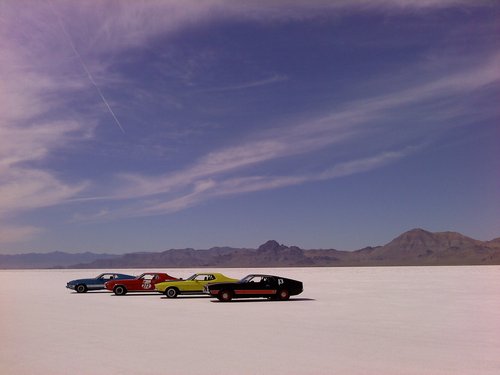 sports cars lined up at the Bonneville Salt Flats