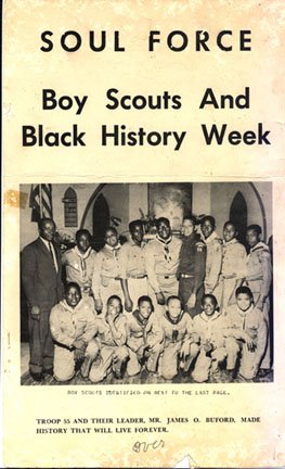 Cover of Soul Force. February 4, 1972. Volume 2, No. 77. Featuring Boy Scout Troup 55 and their leader, Mr. James O. Buford.