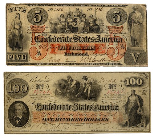 100 and 5 dollars bill, Confederate States of America