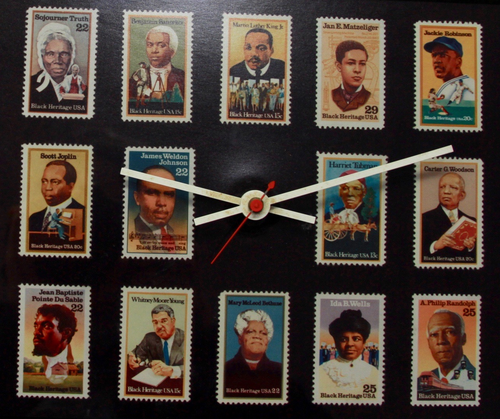 clock made from commemorative stamps for Black Heritage