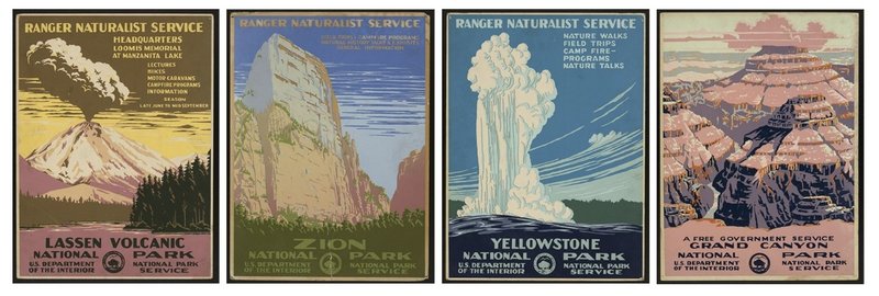 collage of vintage travel posters of national parks from the Library of Congress: Lassen Volcanic, Zion, Yellowstone, Grand Canyon