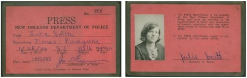 Julie Smith&#x27;s press identification card for New Orleans Police Department, 1965
