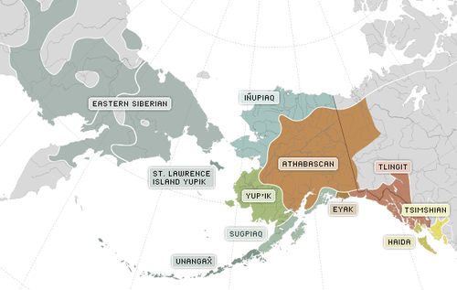 map. Linguistic pattern across Alaska and Russia.