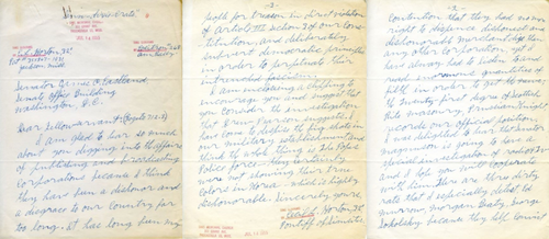 This is a photo of scans of a three-page letter to Senator James Eastland. The letter calls for the investigation of some news broadcasters.