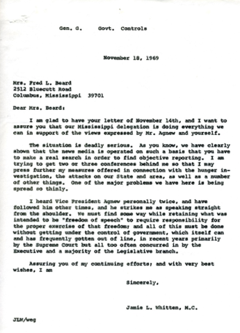 This is a photo of a scanned letter written by Jamie Whitten in response to a postcard expressing concern about limited news options for the public. This letter discusses the effort that must be made by individuals to find objective reporting.