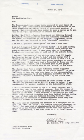 This is a scan of a letter from U.S. General Phillip Corso. The letter contains a list of inaccuracies and corrections relating to a newspaper article published about Corso.