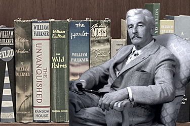 composite image of William Faulkner and a shelf of his novels