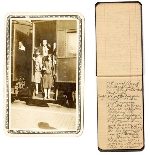 photo of Constance Harris and her family on the train, and a page from her journal
