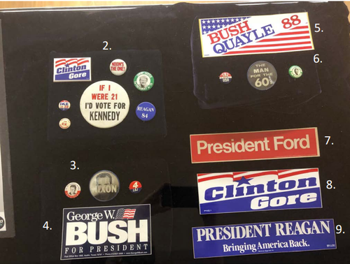 historic campaign materials including buttons and bumper stickers from UM&#x27;s Modern Political Archive