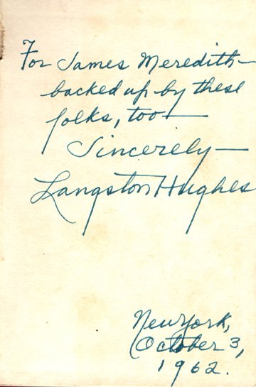 Inscription by Langston Hughes to James Meredith, 1962