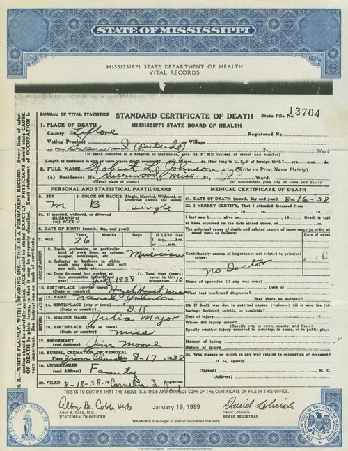 Robert Johnson&#x27;s death certificate, 1938